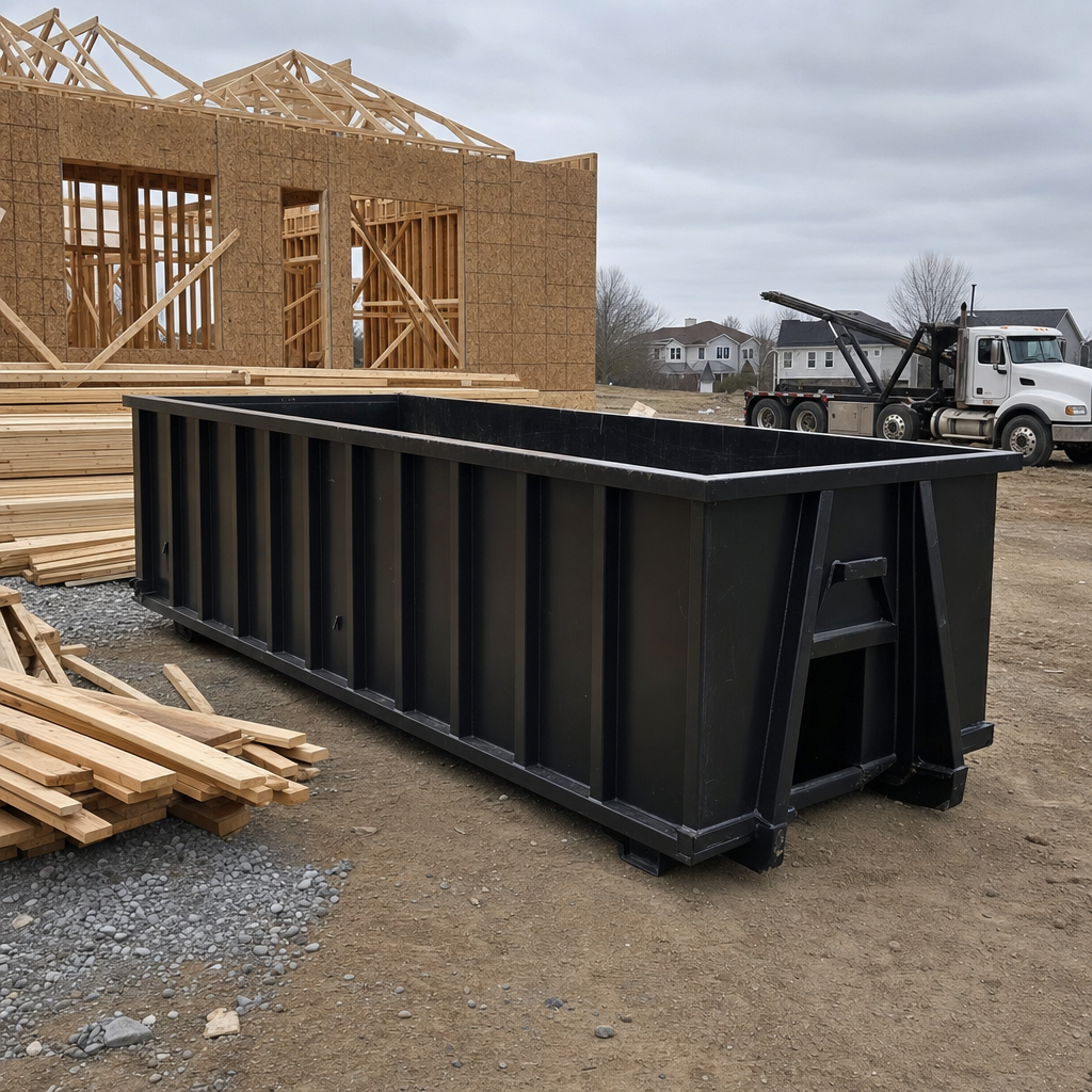 Matte-black 40-yard roll-off dumpster staged on a framed-out residential construction site in Deltona, framing lumber stacked nearby, hooklift delivery truck visible in the background under bright Colorado daylight
