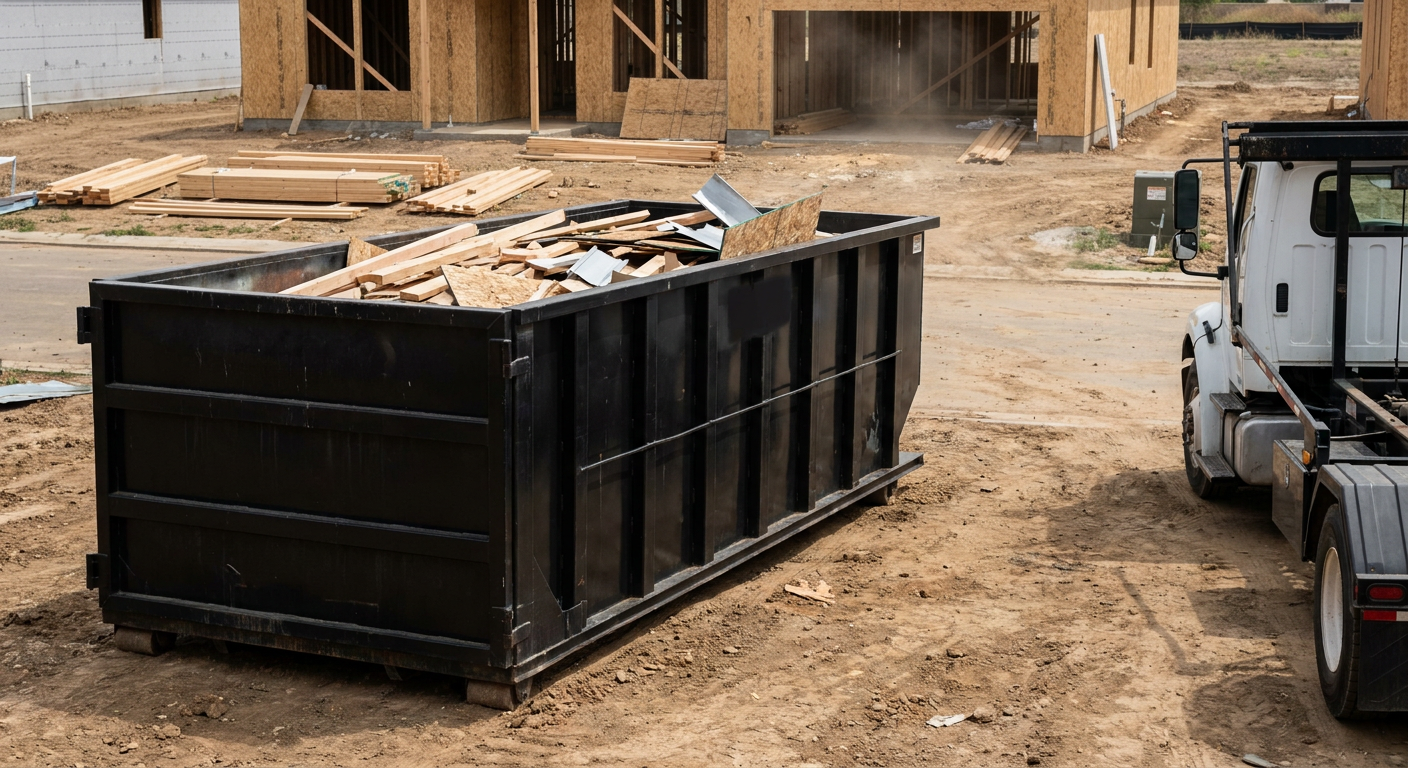 Matte-black 20-yard roll-off construction dumpster with heavy ribbed steel sidewalls and swing rear doors at a working jobsite in Deltona, sitting directly on compacted dirt with an unmarked white hauler partially visible at the far edge of the frame.