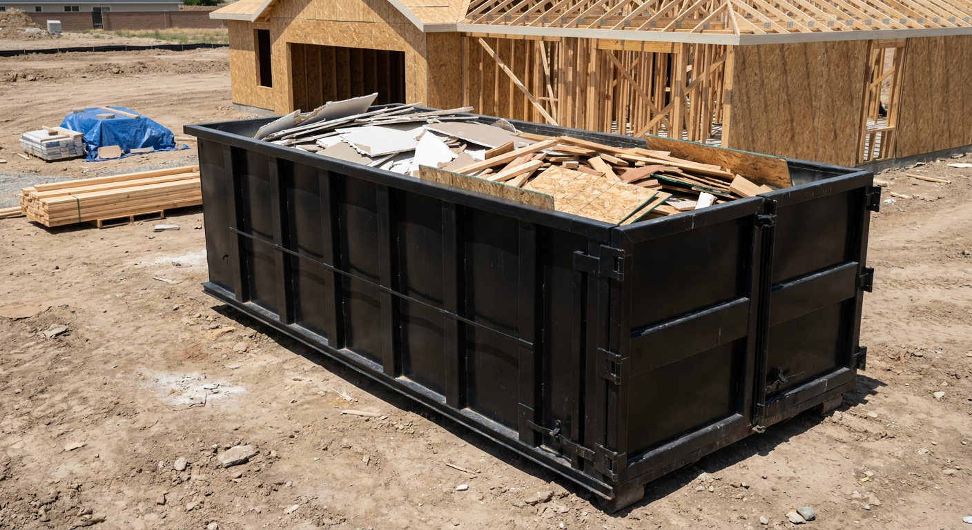 Matte-black 30-yard roll-off construction dumpster sitting directly on the compacted-dirt site of a framed single-family home build in Deltona, drywall and lumber scrap loaded inside.