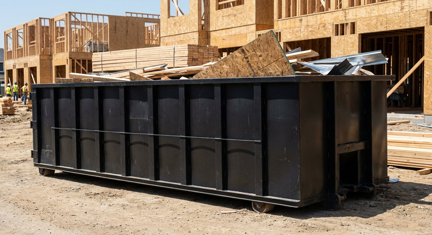 Matte-black 40-yard roll-off construction dumpster being lowered from a white-cab hooklift delivery truck onto the compacted-dirt jobsite at a commercial build site in Deltona