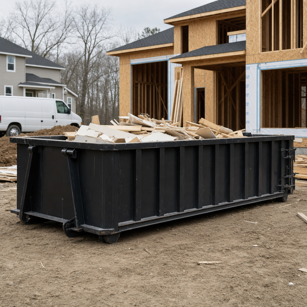 Worker in a yellow high-visibility vest tossing framing lumber and broken drywall into a matte-black 30-yard construction roll-off dumpster on an active build site in Deltona, bright daylight
