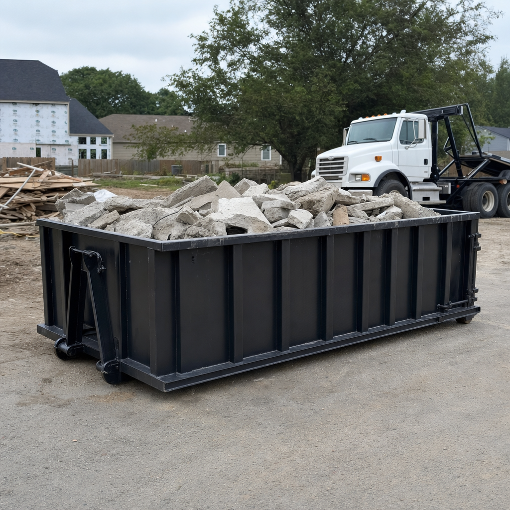 Low-profile matte-black lowboy roll-off dumpster loaded with broken concrete slab and rebar at a foundation tear-out in Deltona, skid steer parked beside it, sunny Colorado morning