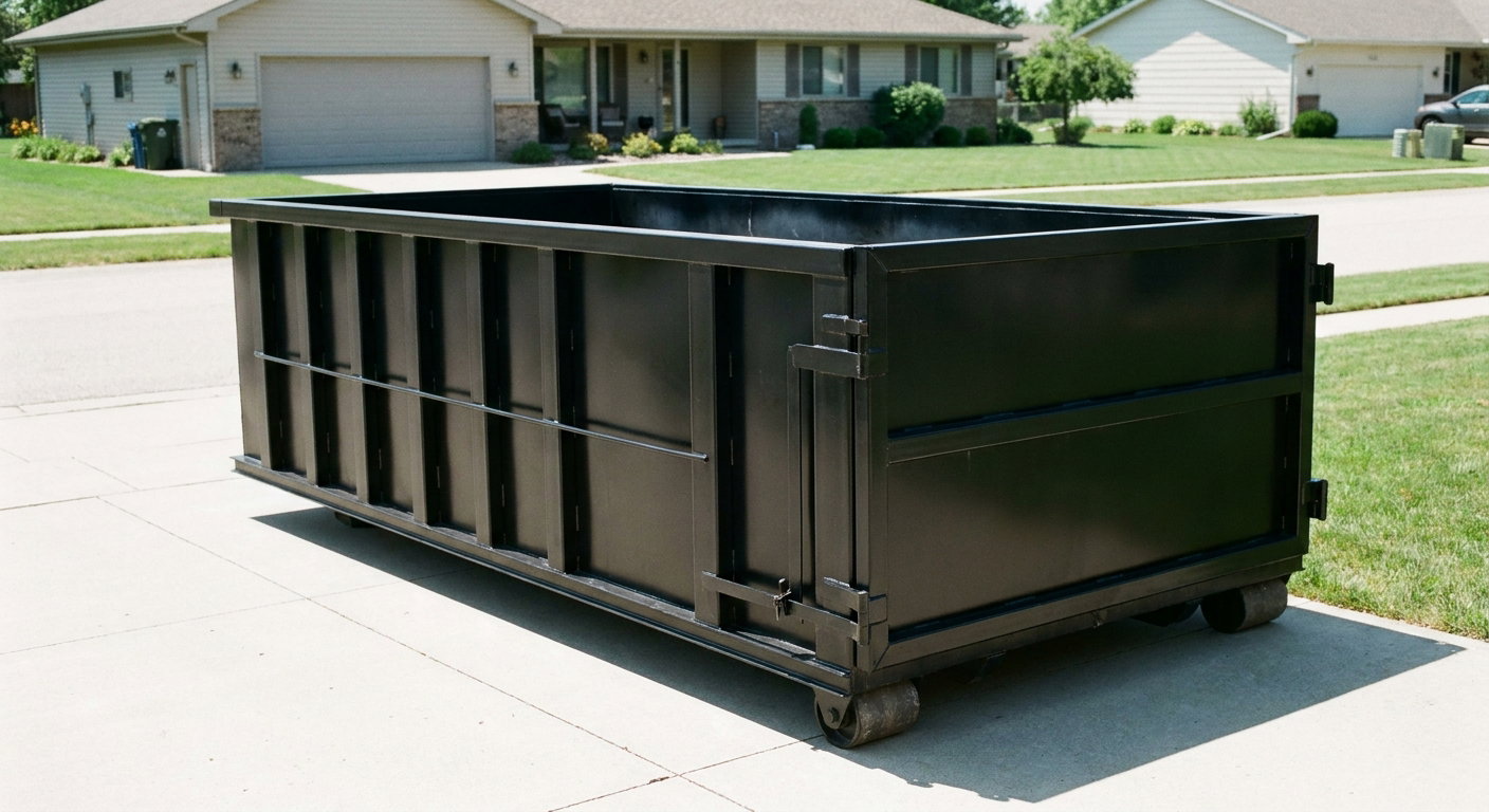 Matte-black 10-yard roll-off dumpster on a residential concrete driveway in Deltona, uniformly painted matte black across every panel and rail, ribbed steel sidewalls and rear swing door visible, mid-day daylight.