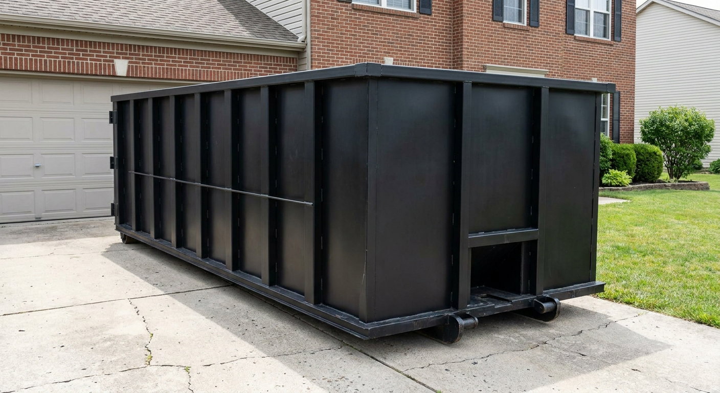 Matte-black 20-yard roll-off container on a Deltona residential concrete driveway with reinforced ribbed steel sidewalls and a hinged rear walk-in door, clean bright daylight.