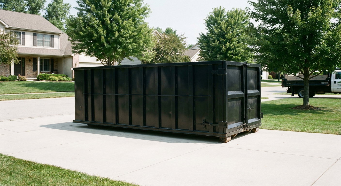 Matte-black 20-yard roll-off dumpster sitting level on a clean Deltona residential concrete driveway under bright daylight, demonstrating clean placement directly on the concrete.