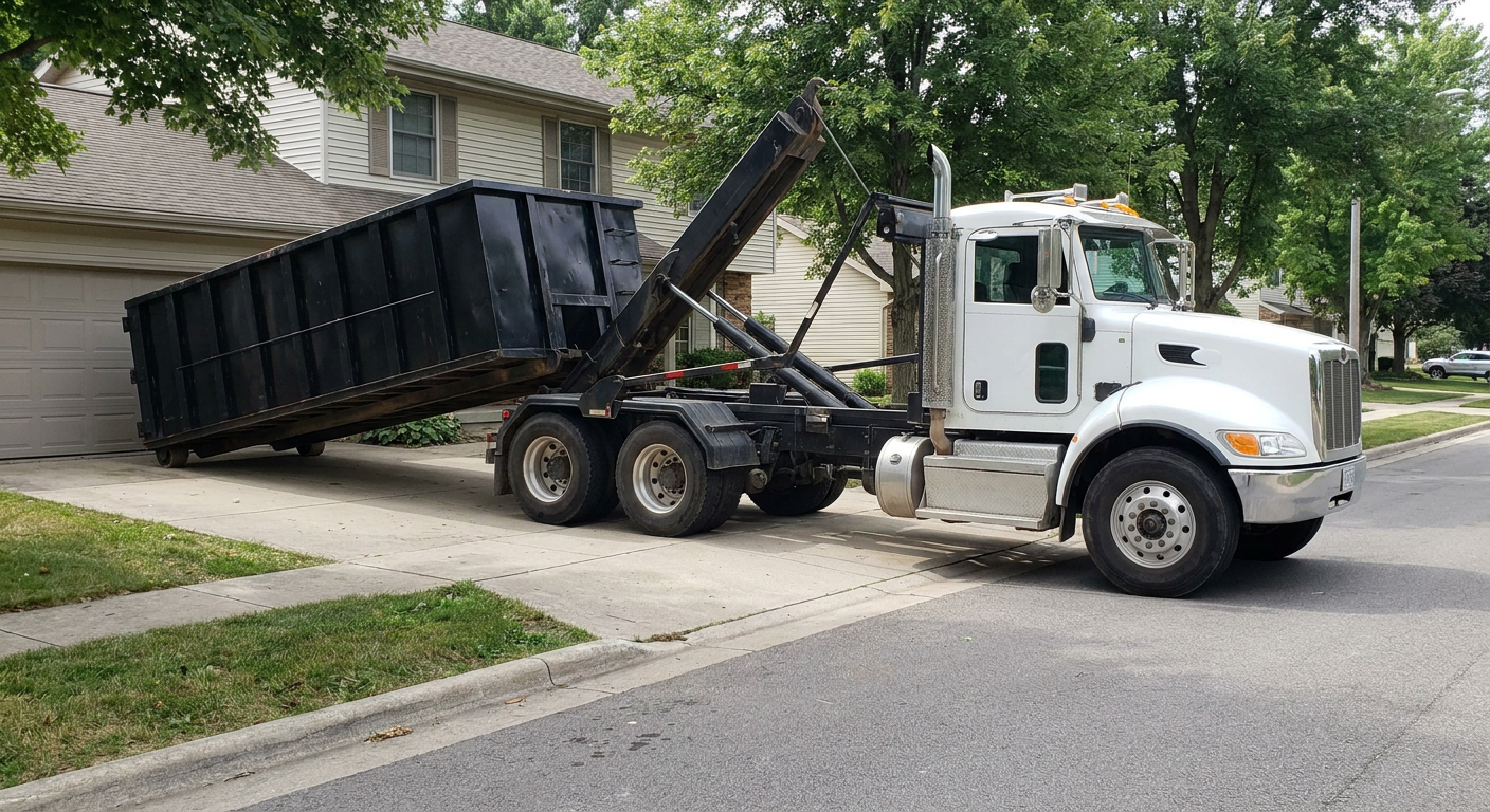 White-cab hooklift roll-off truck actively lowering a matte-black dumpster onto a Deltona residential concrete driveway, the dumpster's rear wheels touching the driveway as the hoist arm tilts the bed forward, mid-morning daylight.