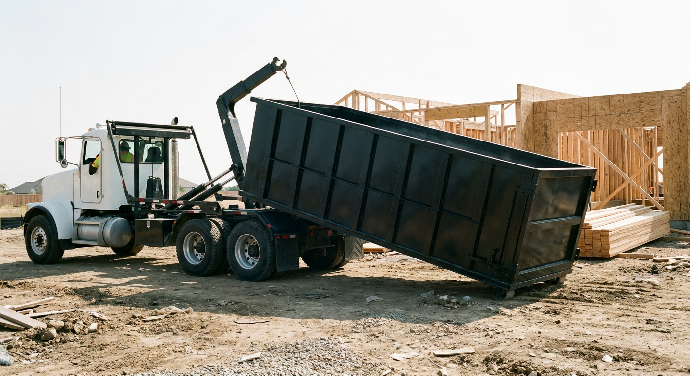 Matte-black roll-off dumpster being delivered onto a clean residential concrete driveway in Deltona by an unmarked white hooklift hauler truck, bright morning daylight, documentary 35mm perspective.