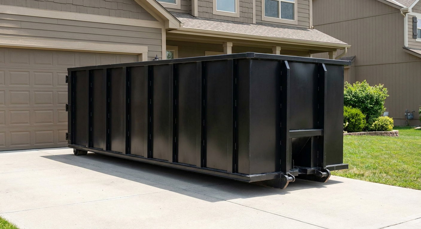 Matte-black residential roll-off dumpster sitting directly on a suburban Deltona concrete driveway, garage door closed, single-family home in background, bright morning daylight.