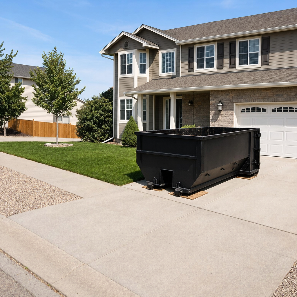 10-yard matte-black residential dumpster placed directly on a narrow Deltona concrete driveway, room remains for a parked sedan beside it, mid-morning natural light