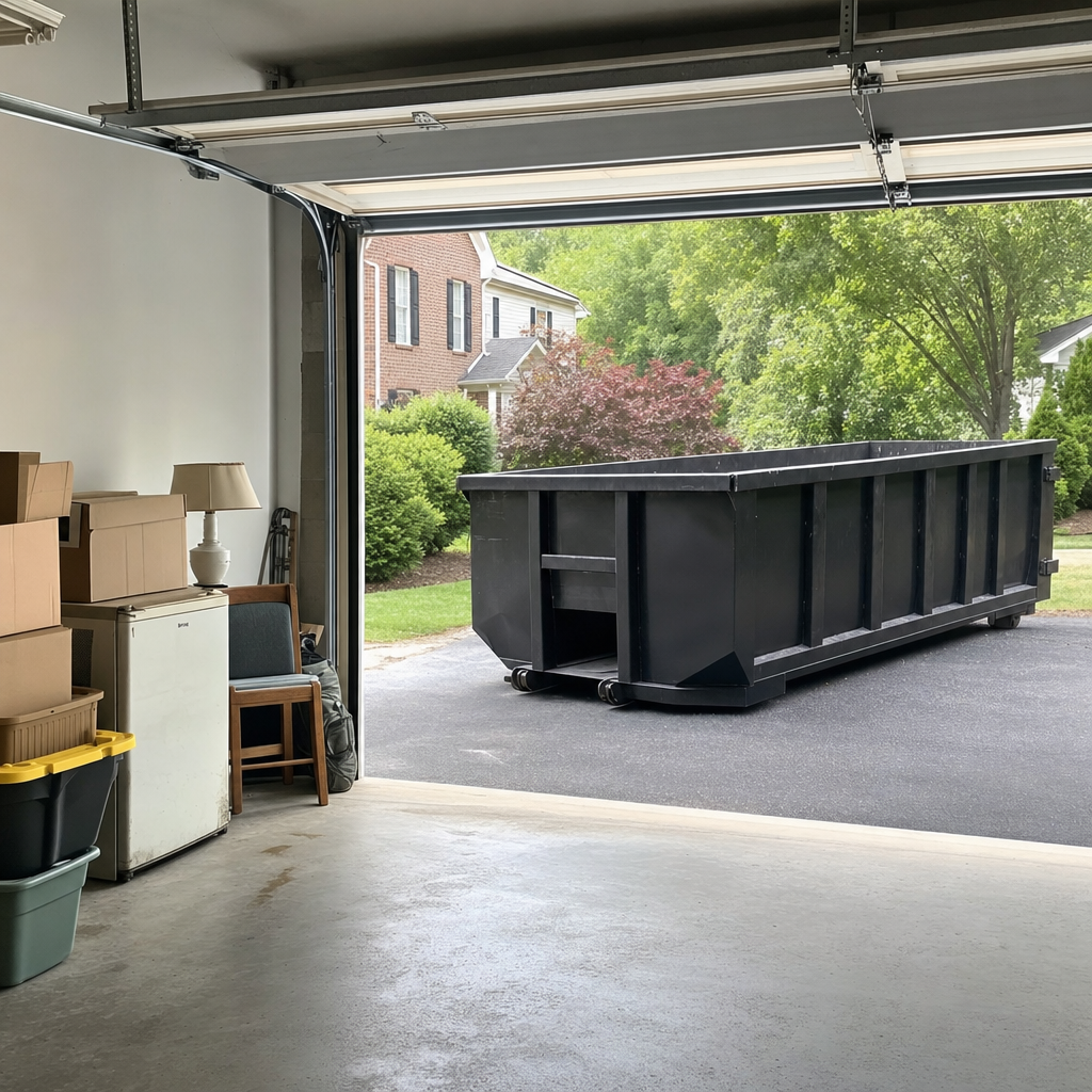 Open garage interior in a Deltona home mid-cleanout — boxed items, an old appliance, and stacked yard tools queued near the driveway for a matte-black roll-off dumpster, organized and calm