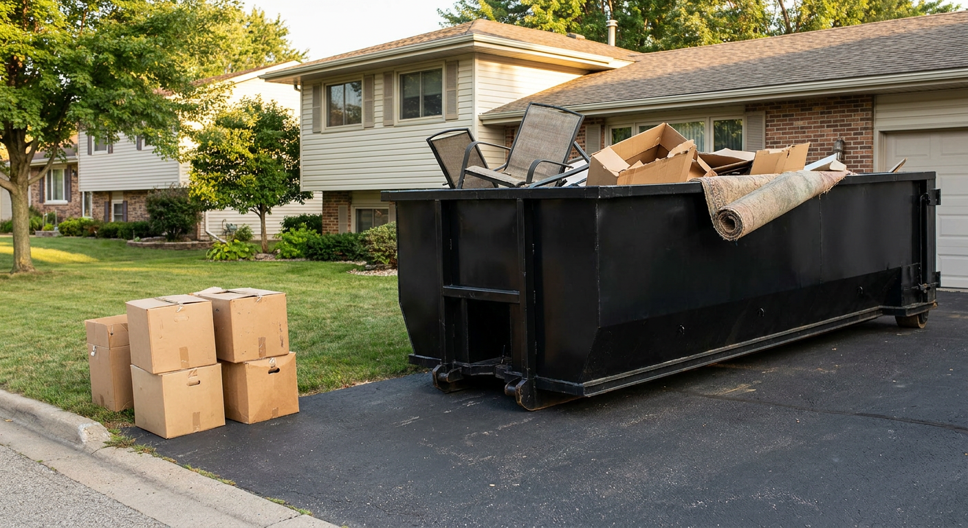 Front-yard view of a Deltona split-level home with a 20-yard matte-black roll-off dumpster sitting directly on the asphalt driveway, a few clearly labeled donation boxes staged at the curb, calm sunny afternoon.