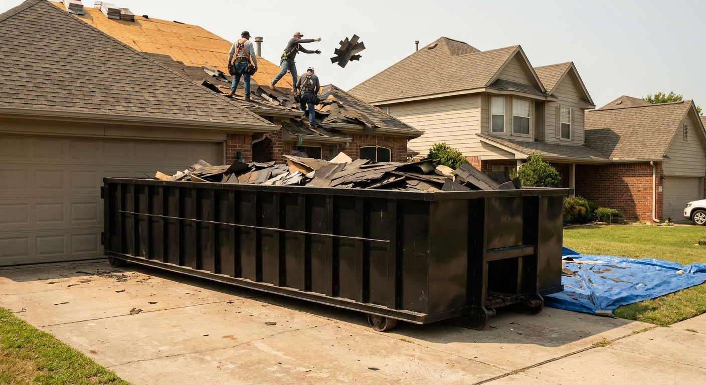Matte-black roofing roll-off dumpster placed directly on a Deltona residential concrete driveway, a tear-off crew on a two-story asphalt-shingle roof tossing shingle bundles into the low-walled container, bright daylight, documentary 35mm perspective.