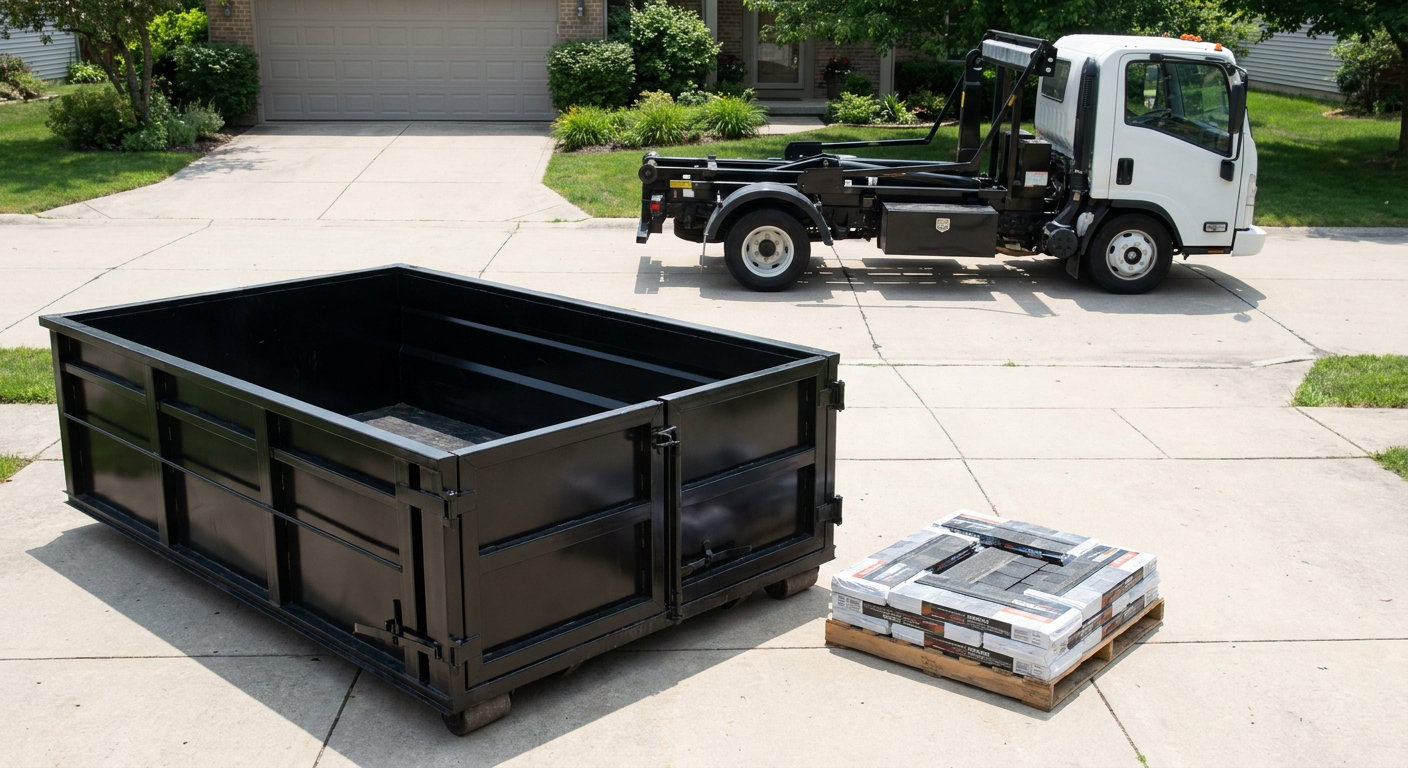 Matte-black 15-yard roofing roll-off dumpster with reinforced low side walls sitting directly on a Deltona residential concrete driveway, three-tab asphalt shingle bundles stacked nearby, an unmarked white hauler truck partially visible at the edge of the frame.