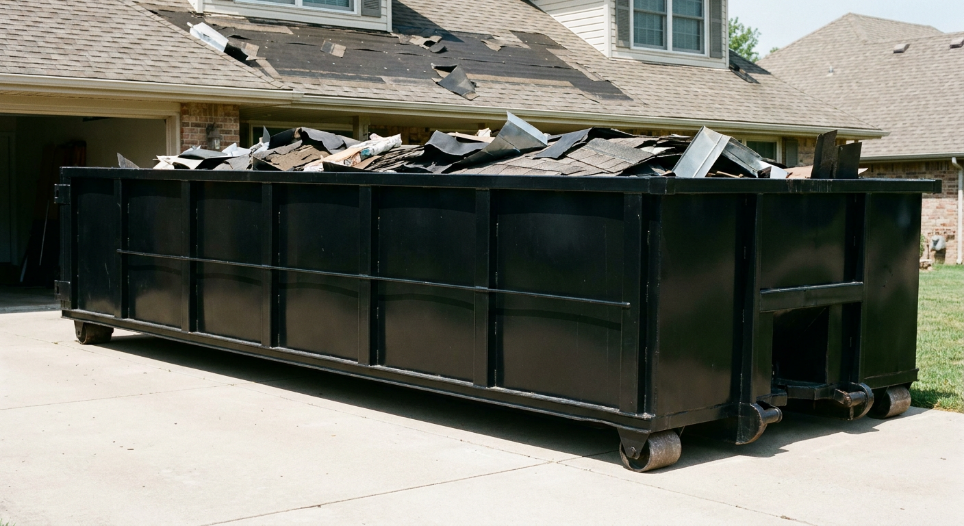 Matte-black 20-yard roofing roll-off dumpster with steel ribbed sides and swinging rear door, sitting directly on the concrete driveway of a two-story Deltona home, asphalt shingle debris being loaded over the low wall, clean documentary lighting.