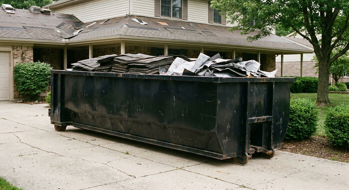 Matte-black 30-yard roofing roll-off dumpster sitting directly on a Deltona concrete driveway, taller ribbed steel side panels, mixed tear-off debris of asphalt shingles and underlayment inside, professional documentary daylight.