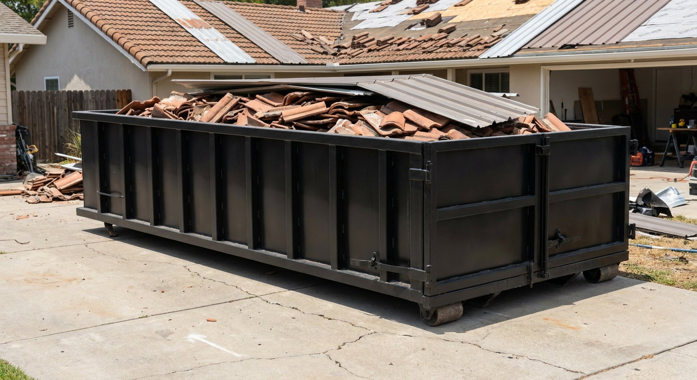 Matte-black low-wall heavy-debris roofing roll-off dumpster sitting directly on a Deltona concrete driveway, broken concrete clay roof tiles and metal panel sections loaded inside, reinforced ribbed steel side walls visible, bright outdoor daylight.
