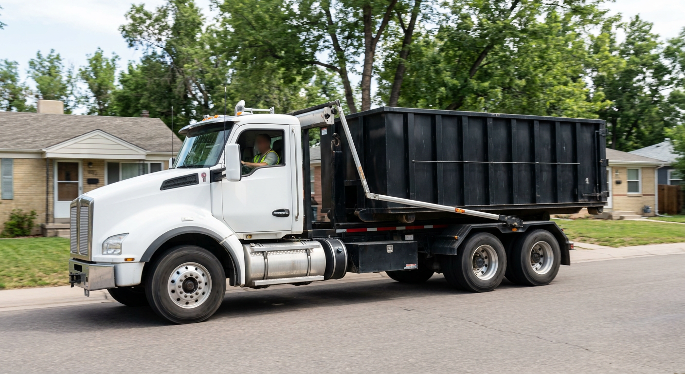 A wide documentary shot of a matte-black roll-off delivery truck pulling onto a quiet Deltona residential street at mid-morning, with neighborhood rooftops and tree-lined blocks visible behind, showing the metro coverage footprint.