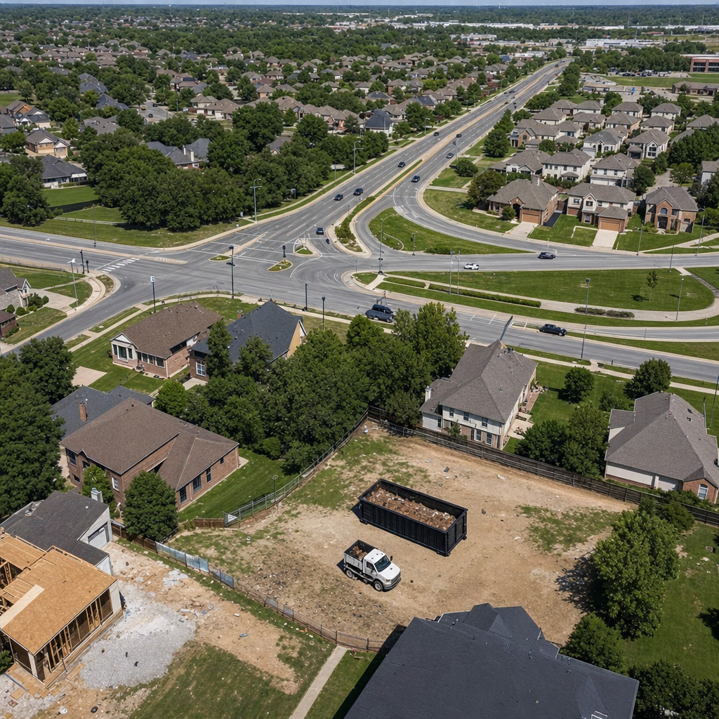 An overhead documentary view of the Deltona metro area at midday, showing the spread of neighborhoods, arterial roads, and the dispatch radius from a central yard — clean daylight, organized geographic layout.