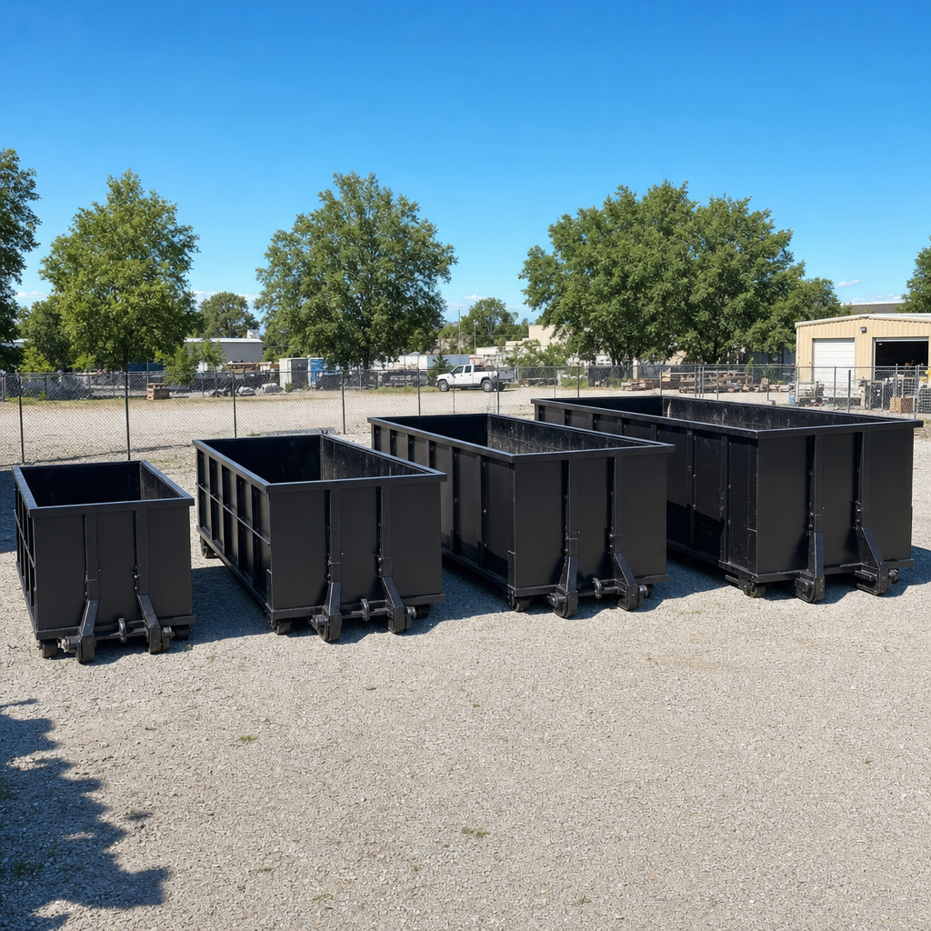 A clean lineup of matte-black roll-off dumpsters in 10, 20, 30, and 40-yard sizes staged on a sunlit gravel yard in Deltona, showing the size progression from compact to commercial-scale containers.