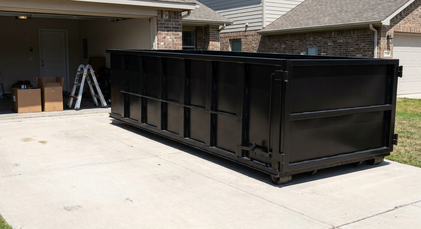 A matte-black 10-yard roll-off dumpster sitting directly on a residential Deltona concrete driveway, mid-day sunlight, clean and ready for a garage cleanout.
