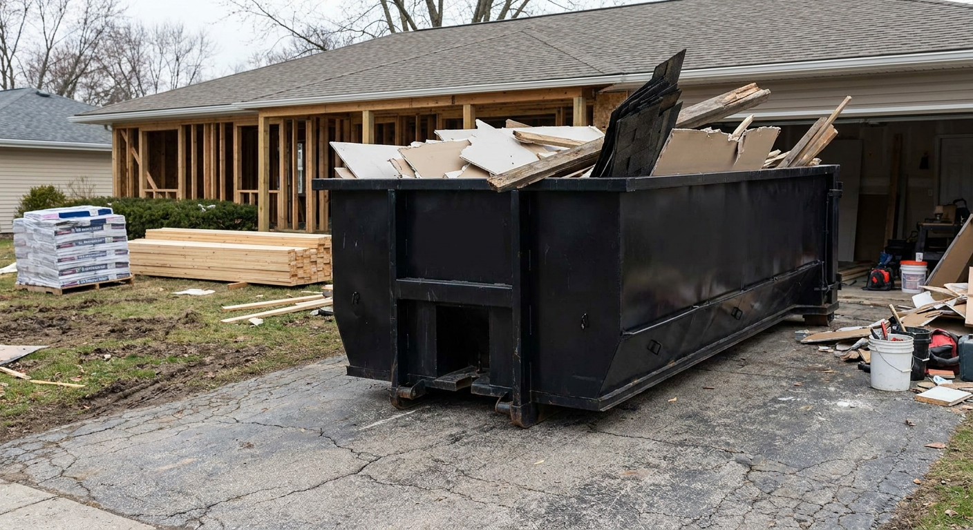 A matte-black 20-yard roll-off dumpster placed alongside a mid-renovation Deltona home directly on the asphalt driveway, with framing materials and torn-off shingles staged neatly nearby.