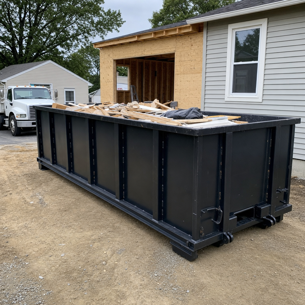 A matte-black 30-yard roll-off dumpster positioned at a Deltona residential addition jobsite, with framing lumber and drywall scraps loaded through the open swinging rear doors.