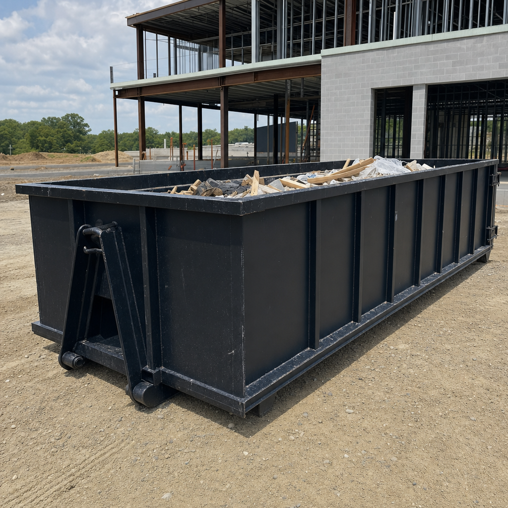 A matte-black 40-yard roll-off dumpster staged on a large Deltona commercial construction lot, with a hooklift delivery truck parked alongside under bright midday sky.