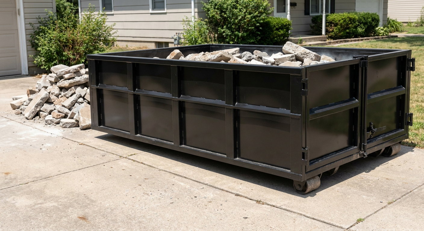 A matte-black low-side heavy-debris roll-off dumpster placed directly on a Deltona concrete driveway, with broken concrete chunks neatly stacked beside it under clean daylight.